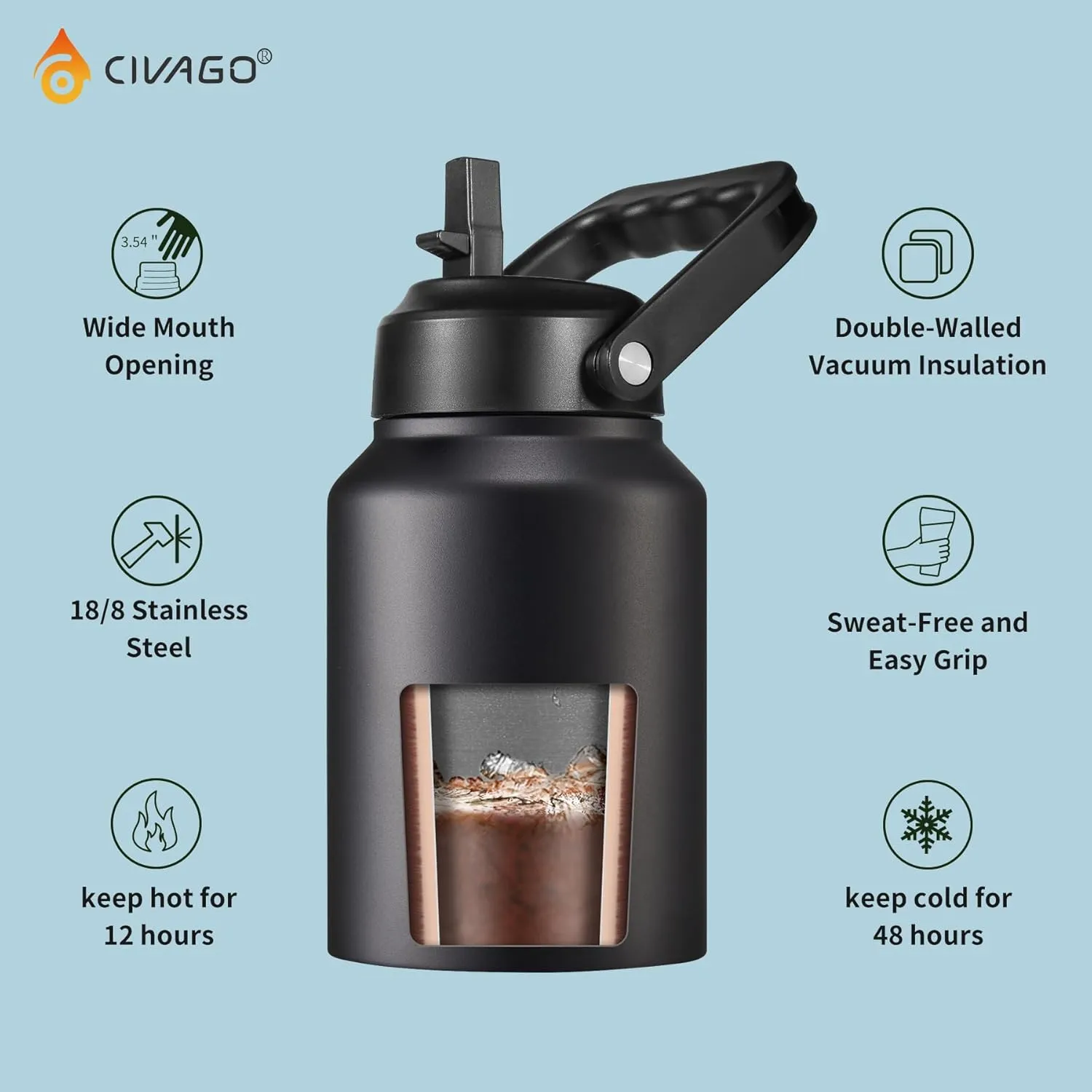 CIVAGO Gallon Insulated Water Bottle Jug with Straw, 128 oz Large Stainless Steel Sports Metal Water Canteen with Handle, Big Thermal Water Cup Mug with 2 Lids for Camping & Fishing, Sage