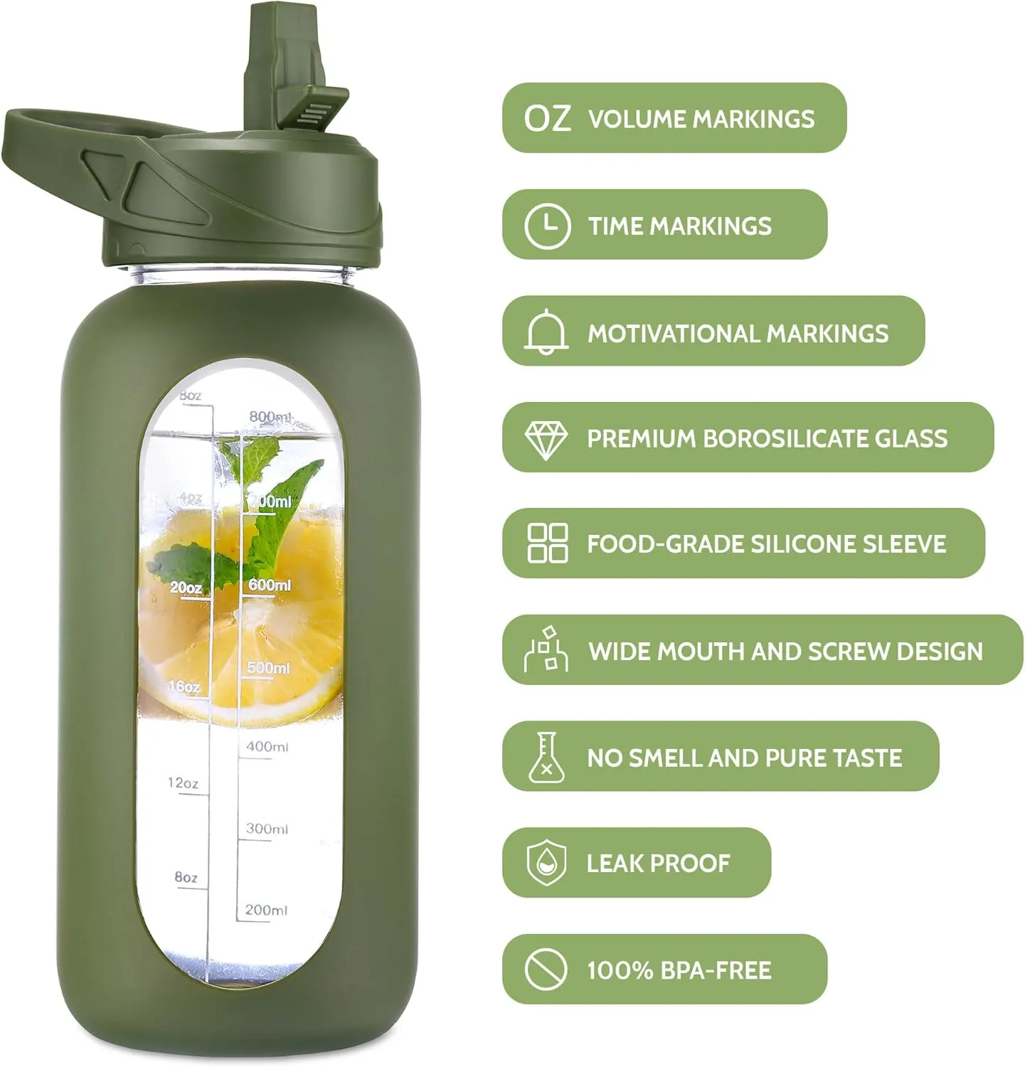 CIVAGO Half Gallon Glass Water Bottle with Straw and Insulated Bottle Holder Sling, 64 oz Motivational Water jug with Time Marker and Silicone Sleeve, Water Flask with 2 Lids, Navy