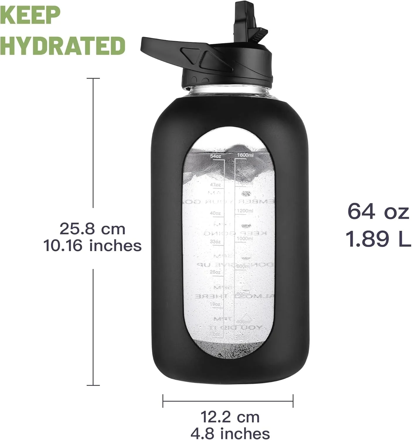 CIVAGO Half Gallon Glass Water Bottle with Straw and Insulated Bottle Holder Sling, 64 oz Motivational Water jug with Time Marker and Silicone Sleeve, Water Flask with 2 Lids, Navy