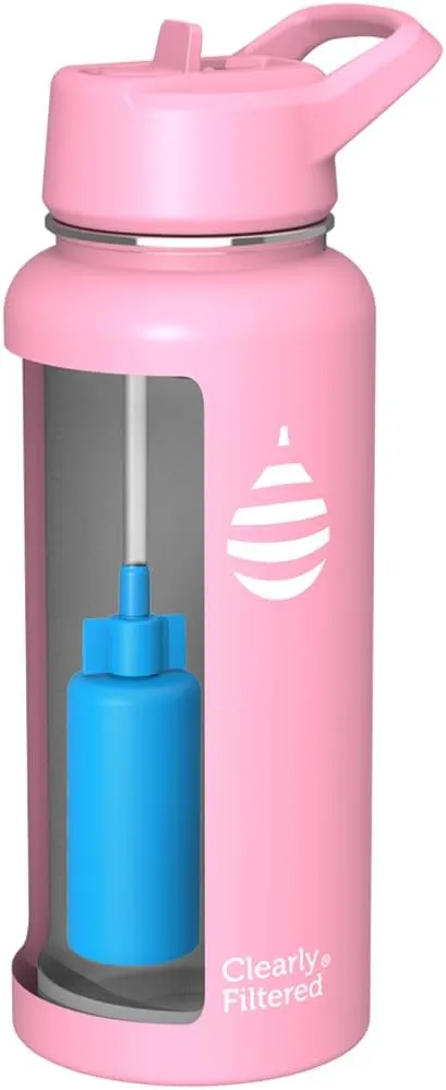 Clearly Filtered Water Bottle | Removes 220  Contaminants, Double-Wall Insulated Stainless Steel, BPA/BPS Free, Phthalate Free, Filters Flouride Lead Chlorine (32oz, Bubble Gum)