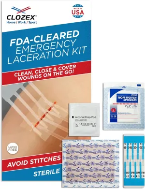 Clozex Emergency Laceration Kit - Repair Wounds Without Stitches, FSA HSA Eligible Skin Closure Device for Up to 1 1/2 Inches Length. Complete Kit to Clean, Close, & Cover