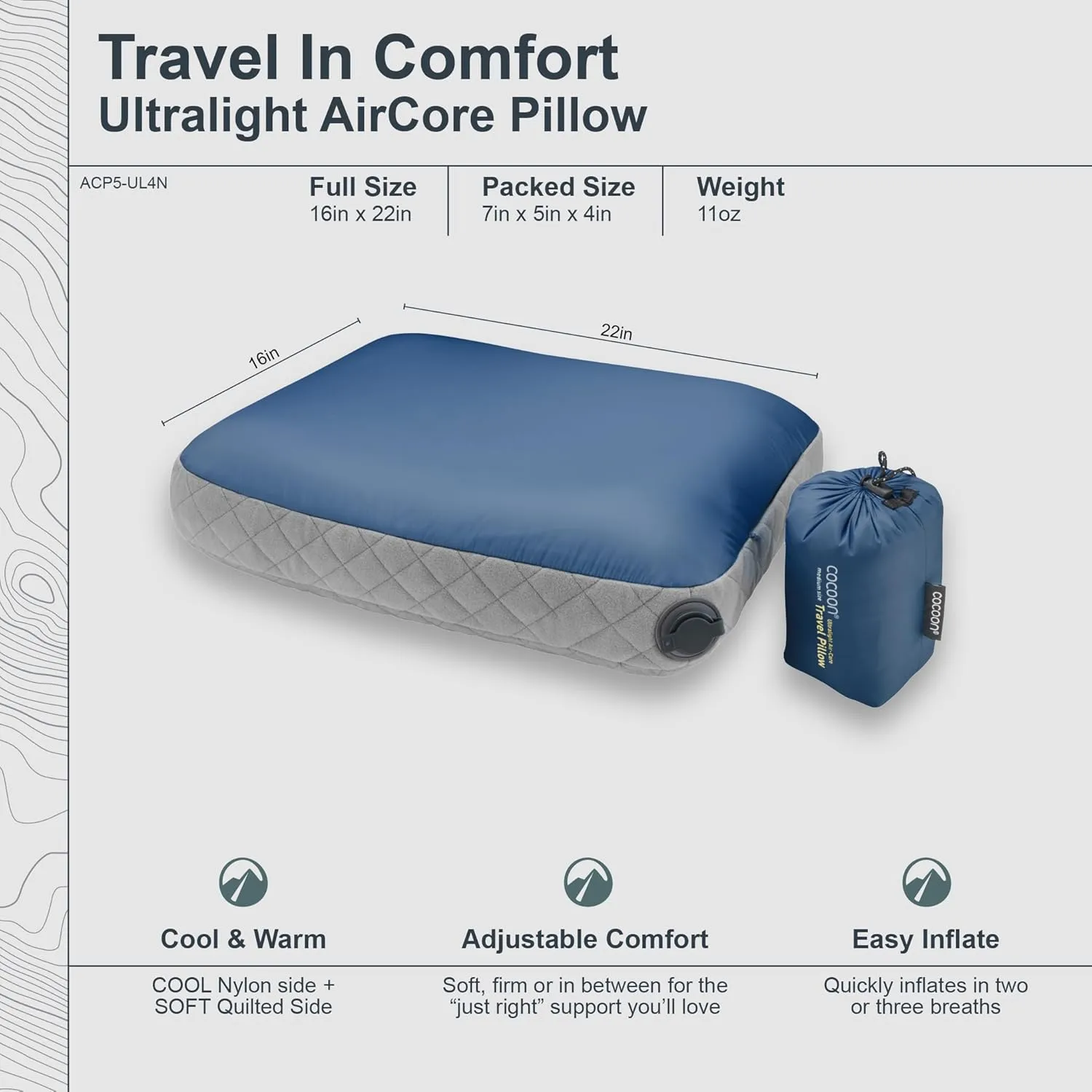 COCOON- Premium - Ultralight AirCore Pillow - Full Size - Indigo Blue