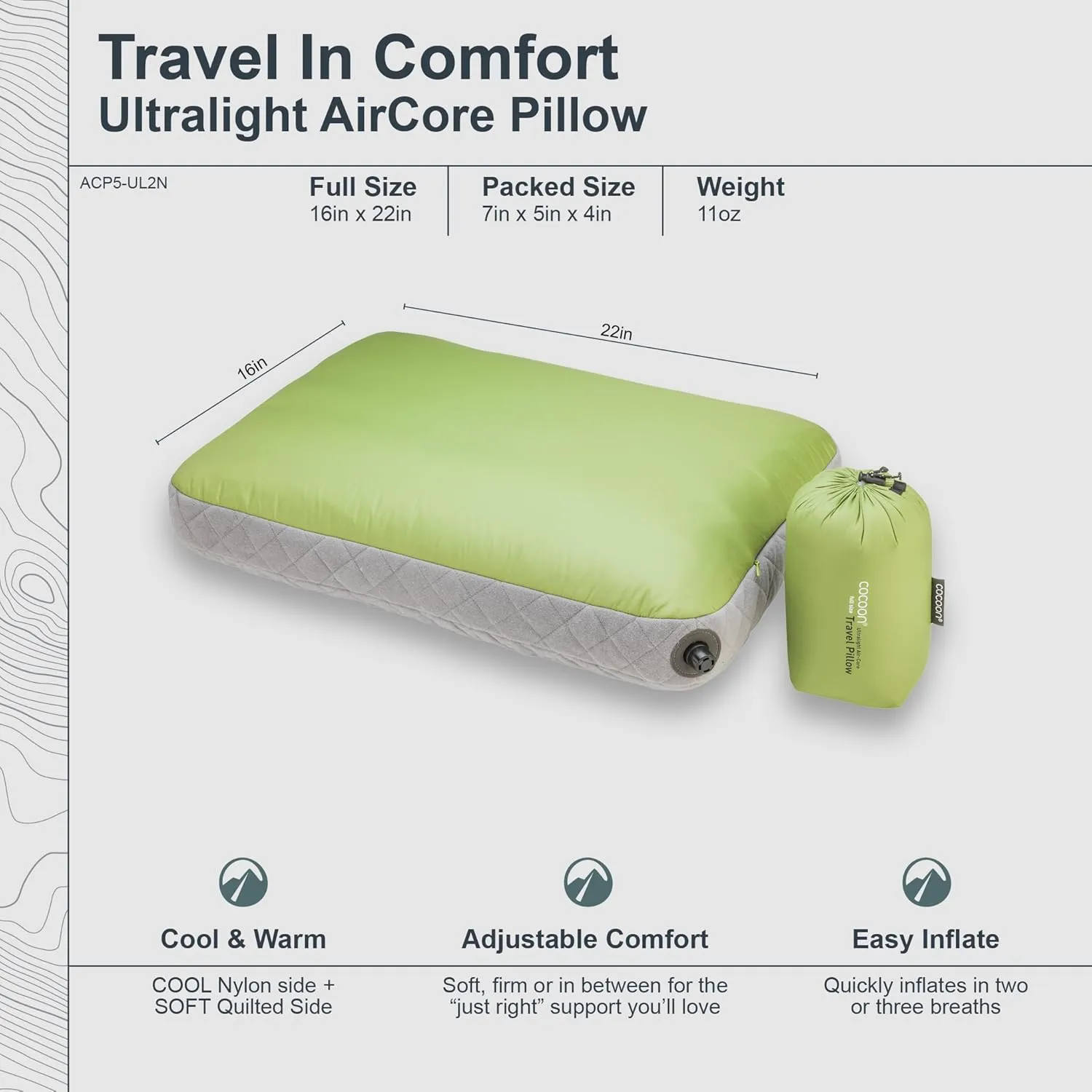 COCOON- Premium - Ultralight AirCore Pillow - Inflatable Camping and Travel Pillow - Full Size 16" x 22" (Wasabi Green)