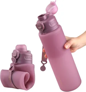 Collapsible Water Bottles 32oz, Foldable Travel Water Bottle with Strap, BPA Free, Silicone Water Bottle Leakproof for Hiking, International Travel, Outdoors (Purple)