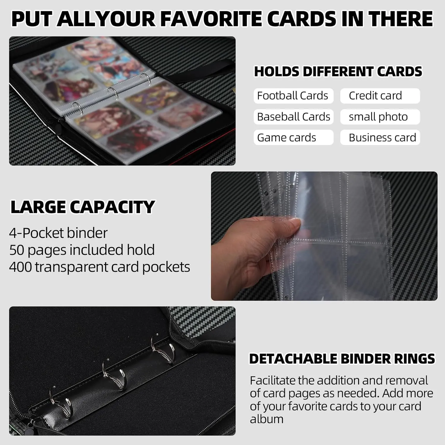 Collectible Trading Card Albums,4 Pocket Card Binder, 400 Double Sided Pocket PU Premium Zip Trading Collection Binderwith 50 Removable Sleeves, Card Folder forTCG, Sports Cards (Purple)