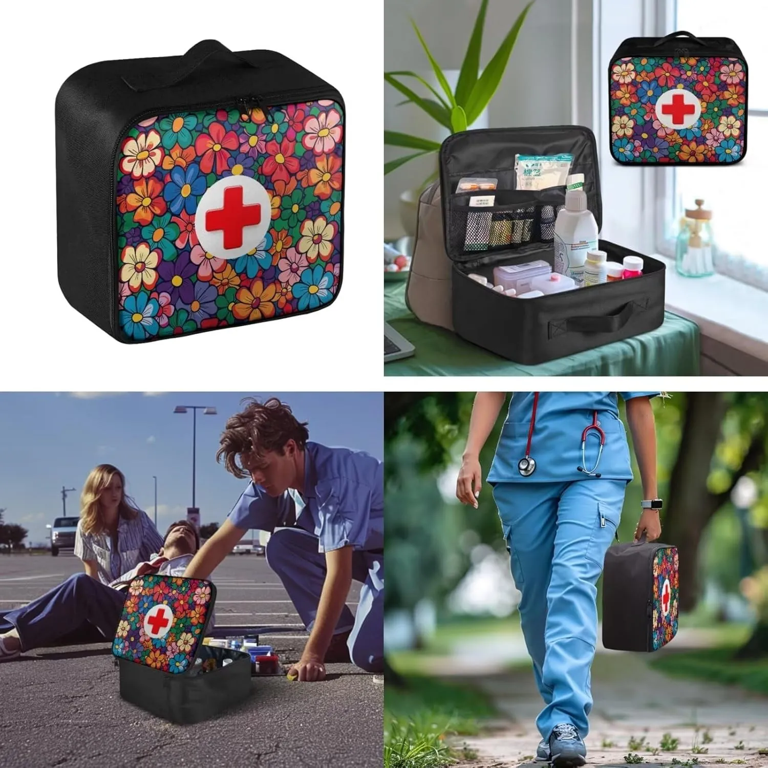 Color Hippie Flower Print First Aid Kit Bag Empty Medical Kit Medicine Storage Bag Trauma First Aid Bag Medkit，Idea for Travel Sports Hiking Camping Hunting Emergency Survival (Bag Only)