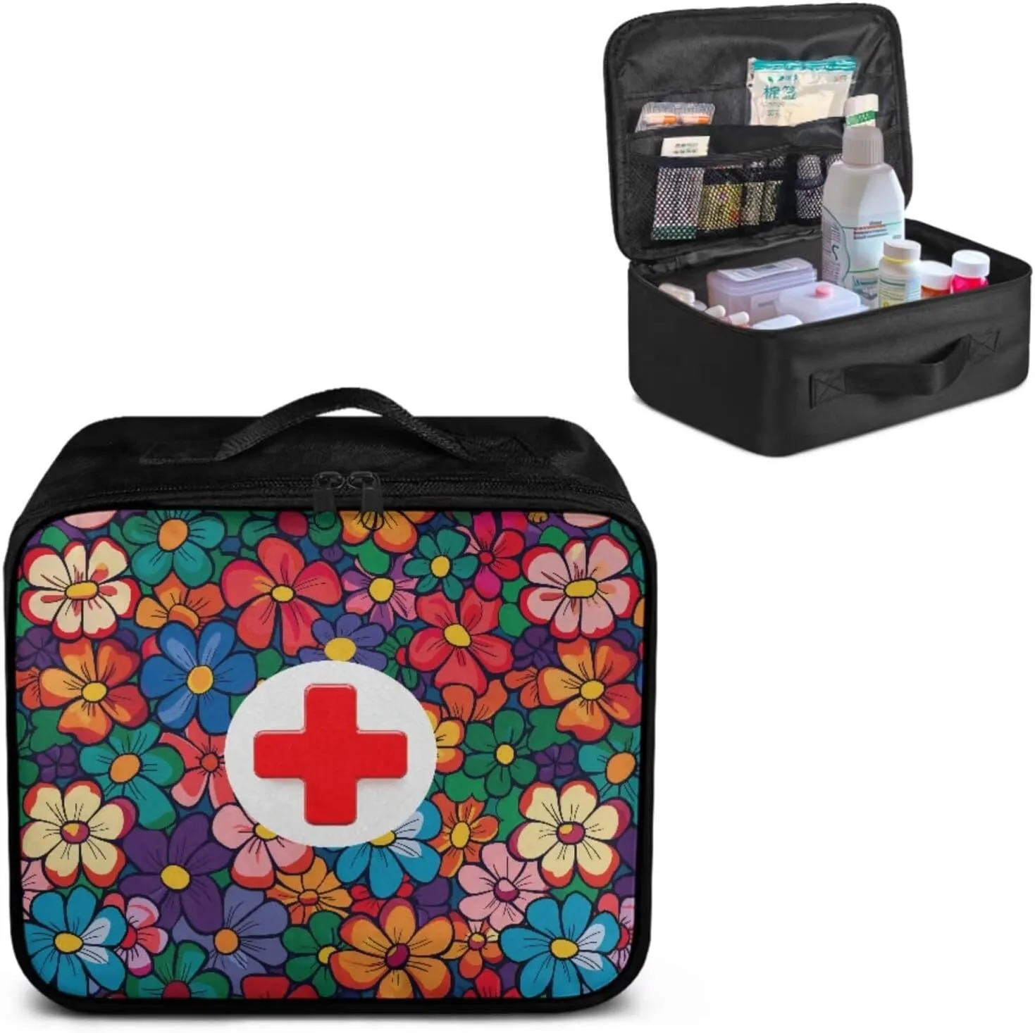 Color Hippie Flower Print First Aid Kit Bag Empty Medical Kit Medicine Storage Bag Trauma First Aid Bag Medkit，Idea for Travel Sports Hiking Camping Hunting Emergency Survival (Bag Only)