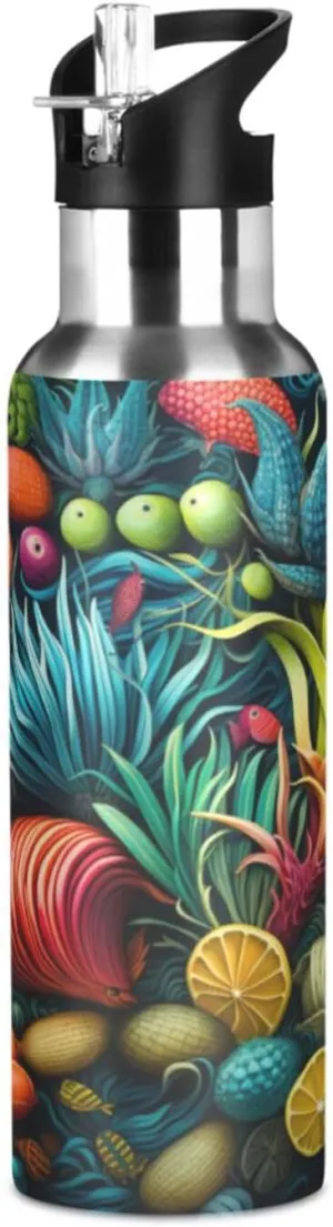 Colorful Fruit Pattern Art Sport Water Bottle Insulated Stainless Steel Large Vacuum Flask Leak Proof Thermos with Straw for Travel(600ml/1000ml)