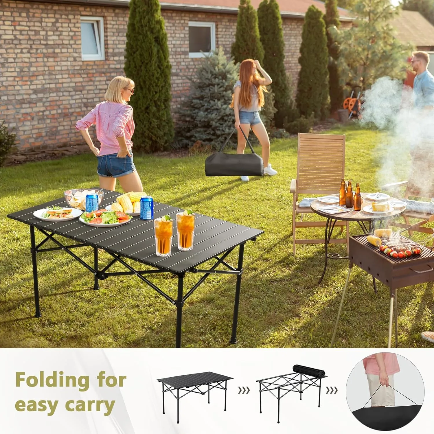 Compact Camping Table, Lightweight Aluminum Folding Table with Carry Bag, Ideal for Picnic, Travel, BBQ, and Outdoor Cooking Black 95×55×50cm/37×21×19.7in