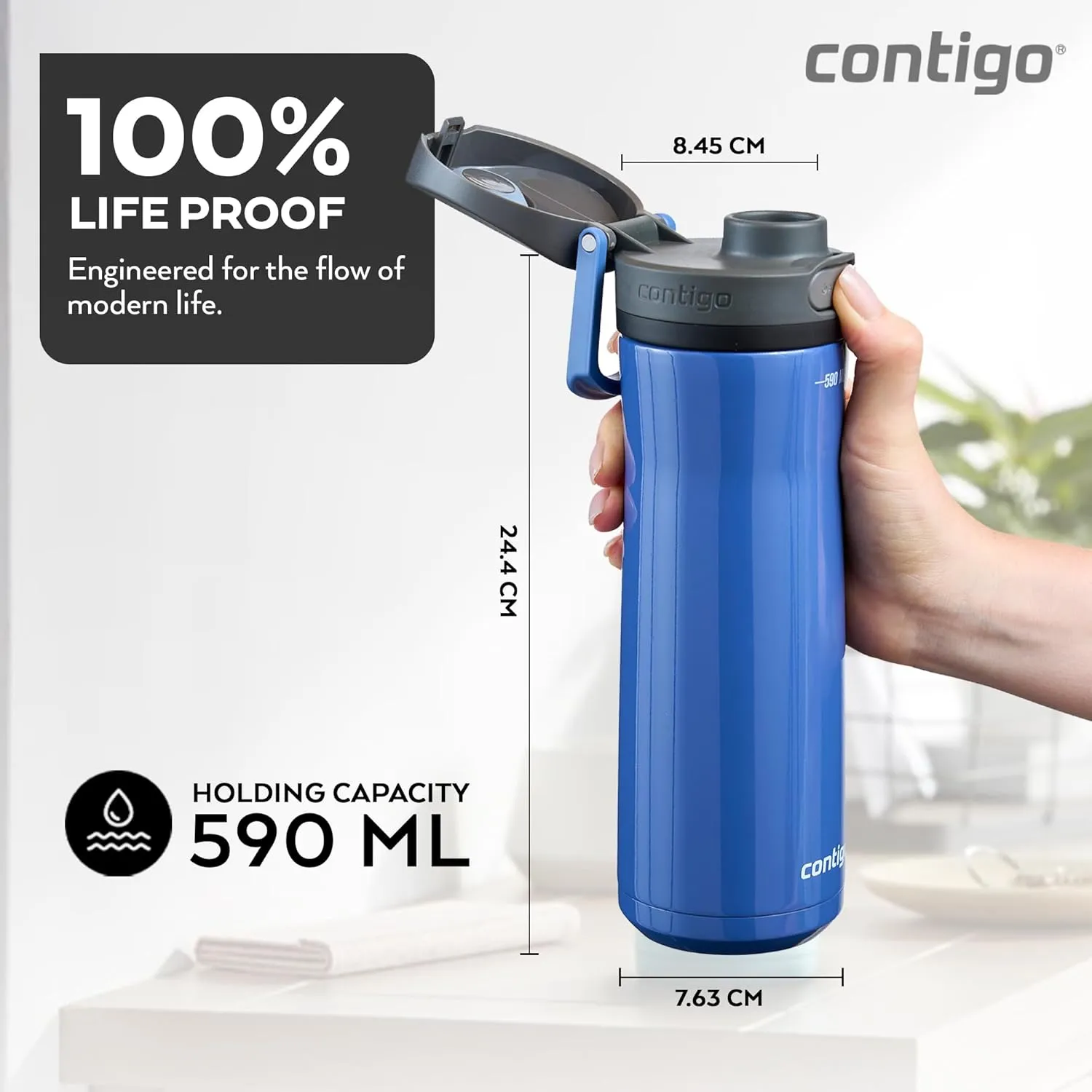 Contigo Jackson Chill drinks bottle, large BPA-free stainless steel water bottle, 100% leakproof, keeps drinks cool for up to 24 hours; insulated bottle for sports, cycling, jogging, hiking, 590 ml