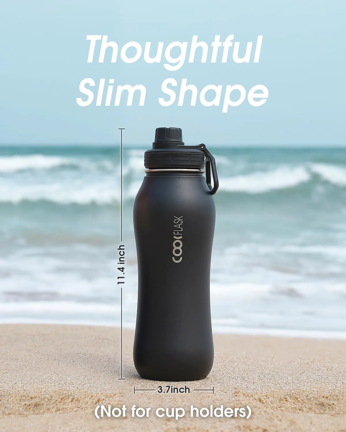Coolflask Insulated Water Bottle 32 oz, Water Bottle with Straw and Strap, Metal Stainless Steel Water Flask Double Wall Vacuum Cold for 48 Hrs Hot for 24 Hrs, Polar Black