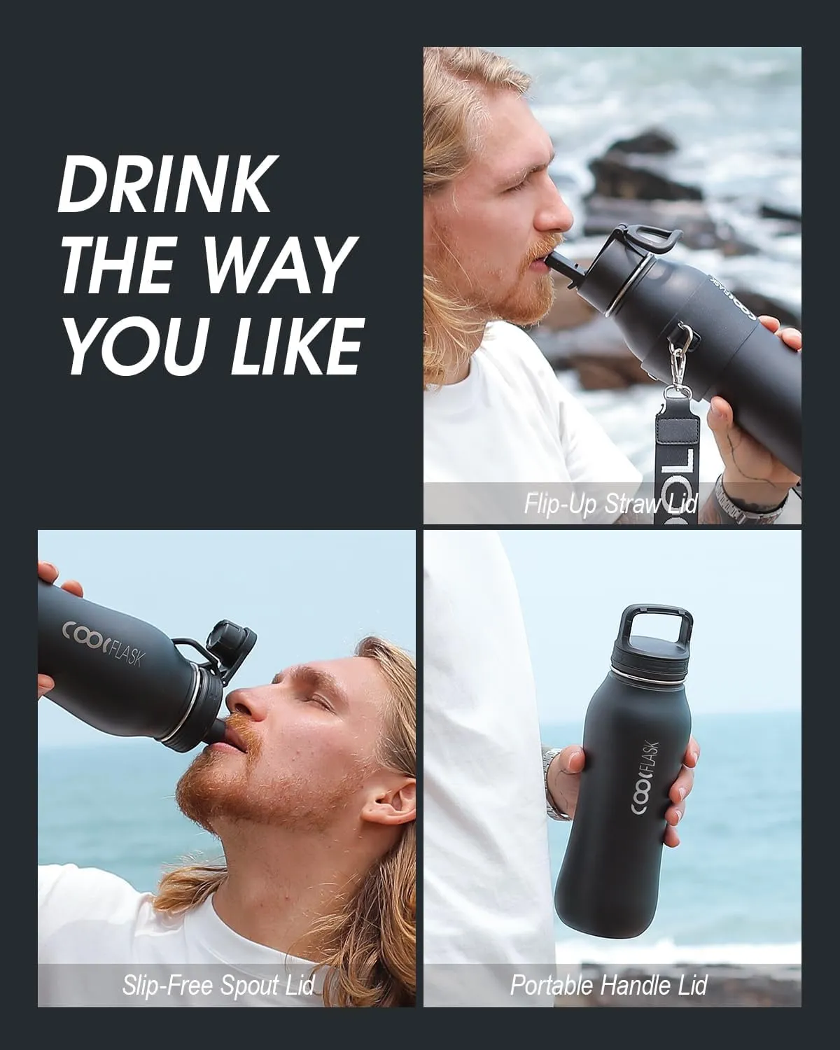 Coolflask Insulated Water Bottle 32 oz, Water Bottle with Straw and Strap, Metal Stainless Steel Water Flask Double Wall Vacuum Cold for 48 Hrs Hot for 24 Hrs, Polar Black