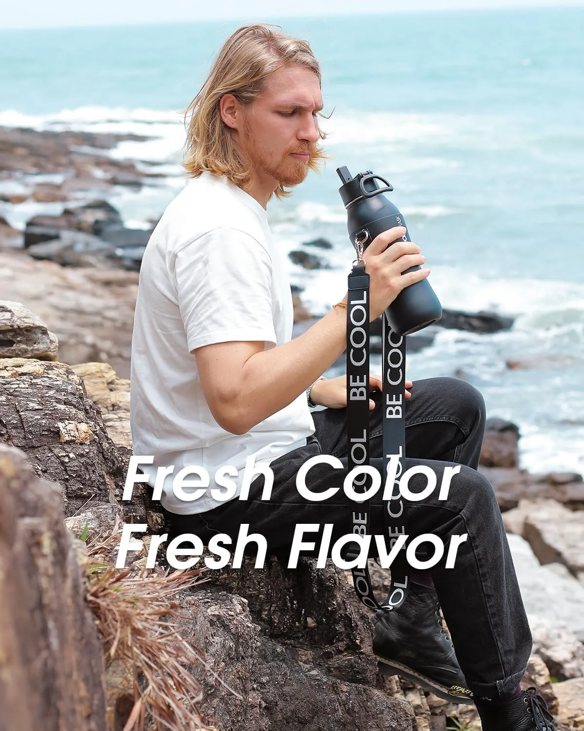 Coolflask Insulated Water Bottle 32 oz, Water Bottle with Straw and Strap, Metal Stainless Steel Water Flask Double Wall Vacuum Cold for 48 Hrs Hot for 24 Hrs, Polar Black