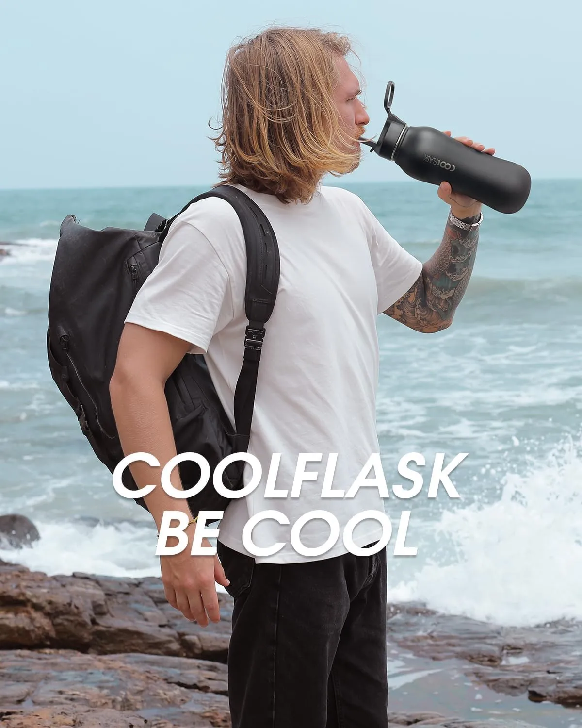 Coolflask Insulated Water Bottle 32 oz, Water Bottle with Straw and Strap, Metal Stainless Steel Water Flask Double Wall Vacuum Cold for 48 Hrs Hot for 24 Hrs, Polar Black