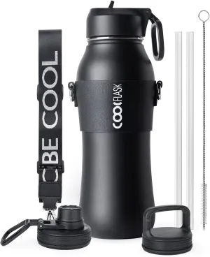 Coolflask Insulated Water Bottle 32 oz, Water Bottle with Straw and Strap, Metal Stainless Steel Water Flask Double Wall Vacuum Cold for 48 Hrs Hot for 24 Hrs, Polar Black