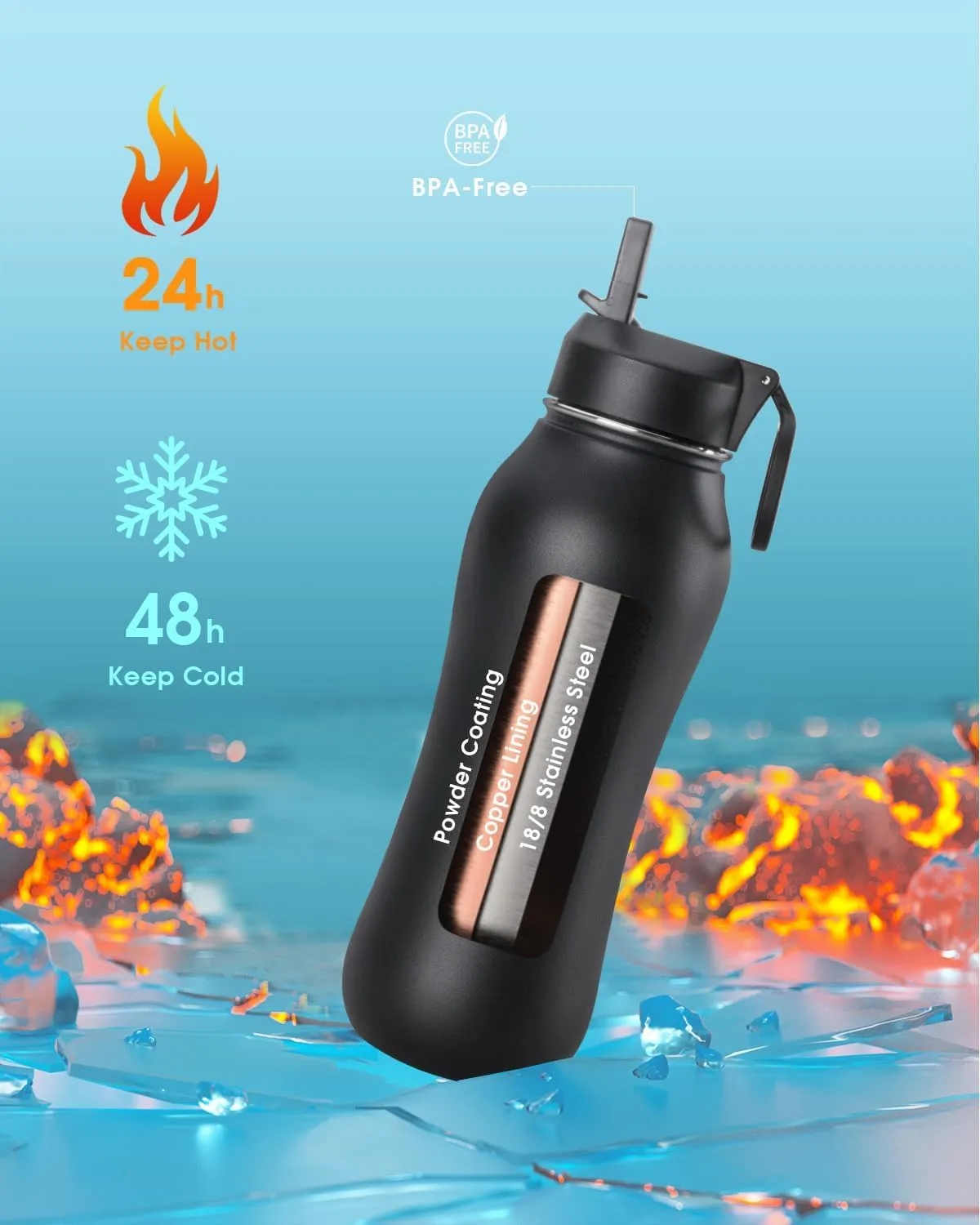 Coolflask Insulated Water Bottle 32 oz, Water Bottle with Straw and Strap, Metal Stainless Steel Water Flask Double Wall Vacuum Cold for 48 Hrs Hot for 24 Hrs, Polar Black