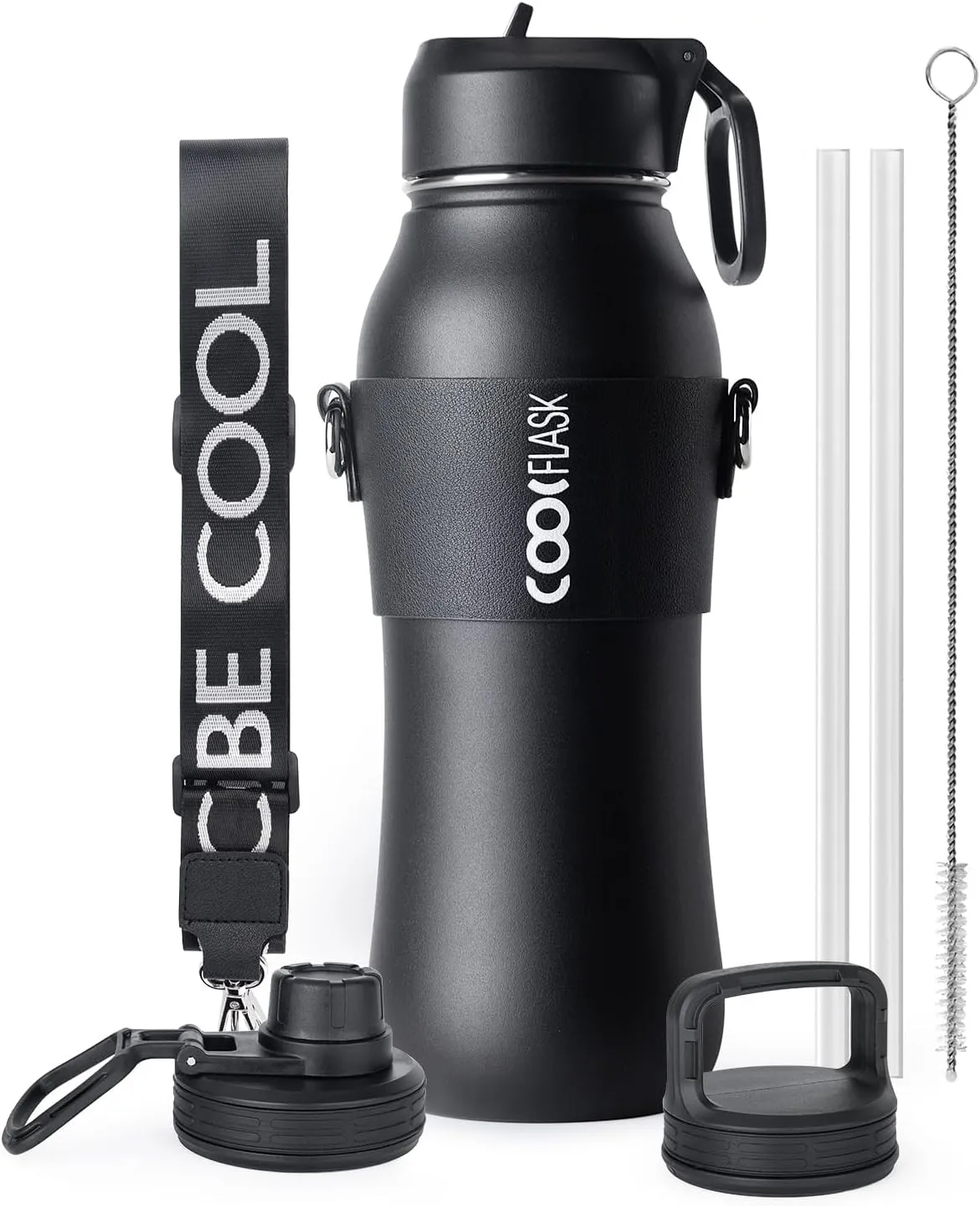 Coolflask Insulated Water Bottle 32 oz, Water Bottle with Straw and Strap, Metal Stainless Steel Water Flask Double Wall Vacuum Cold for 48 Hrs Hot for 24 Hrs, Polar Black