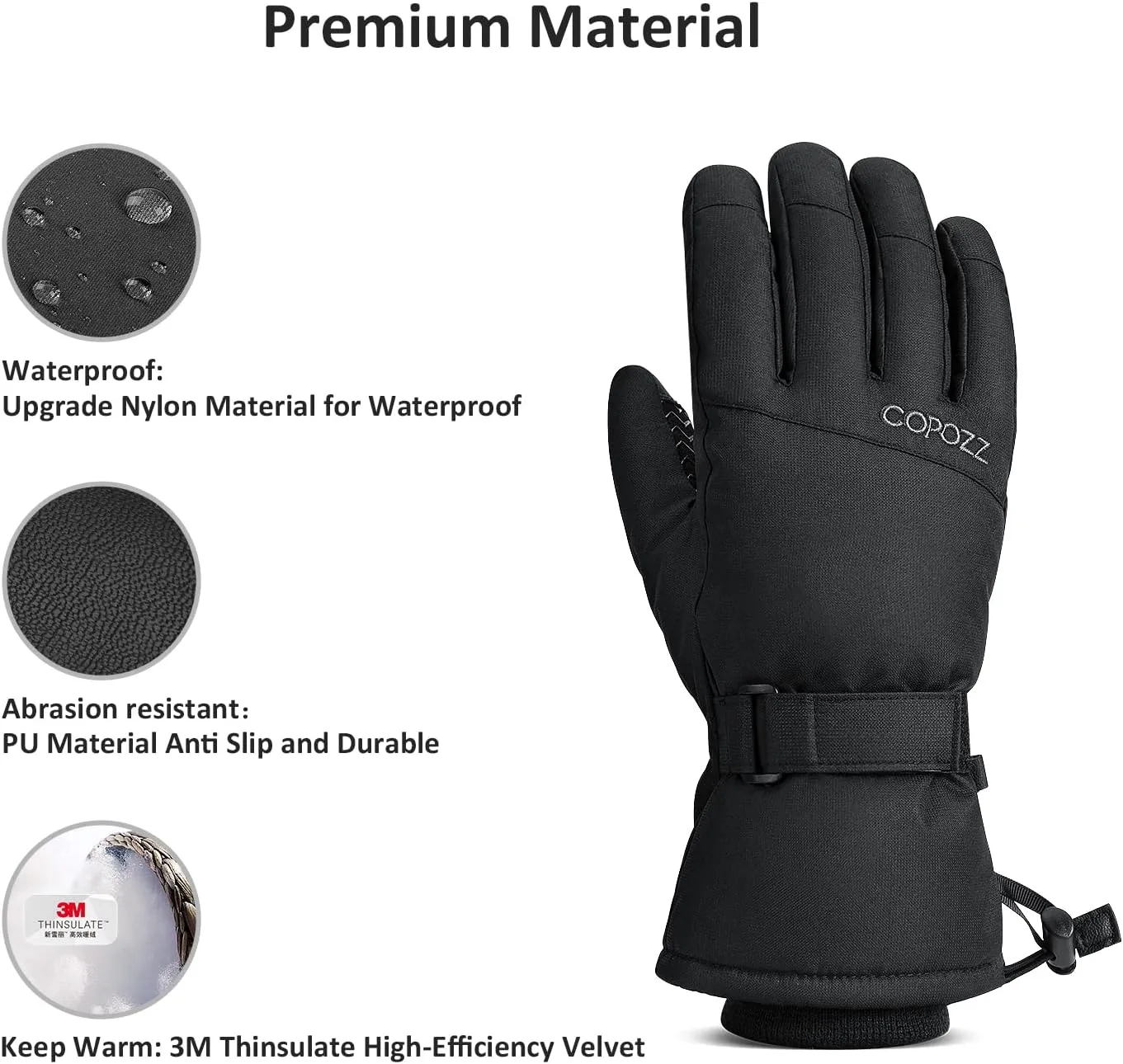 COPOZZ Ski Gloves for Men and Women - 3M Thinsulate Insulated Thermal Snow Gloves, Windproof, Breathable Winter Snowboard