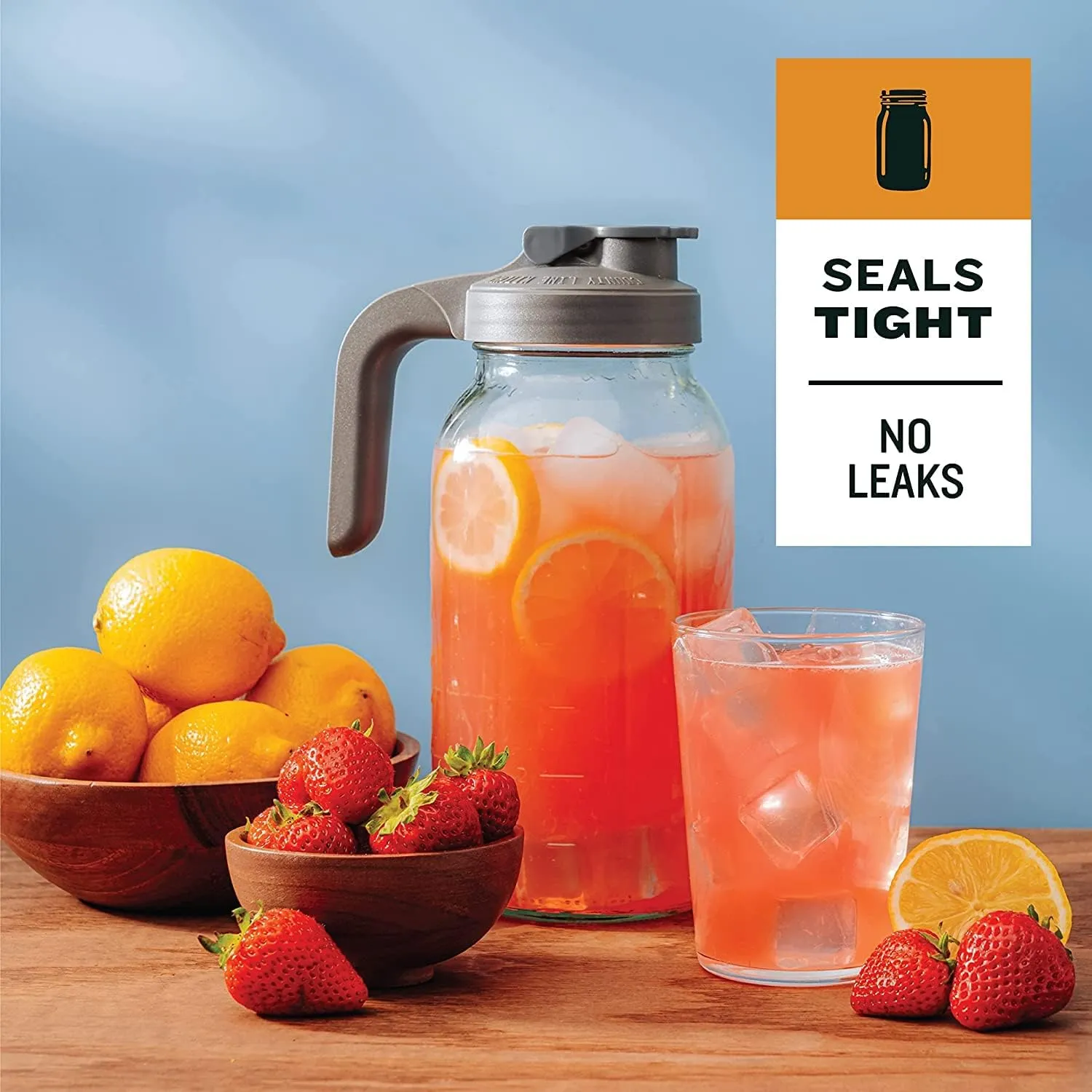County Line Kitchen Glass Mason Jar Pitcher with Lid - Wide Mouth, 2 Quart (64 oz) - Heavy Duty, Leak Proof - Sun & Iced Tea Pitcher, Cold Brew Coffee, Breast Milk Storage, Water - Gray