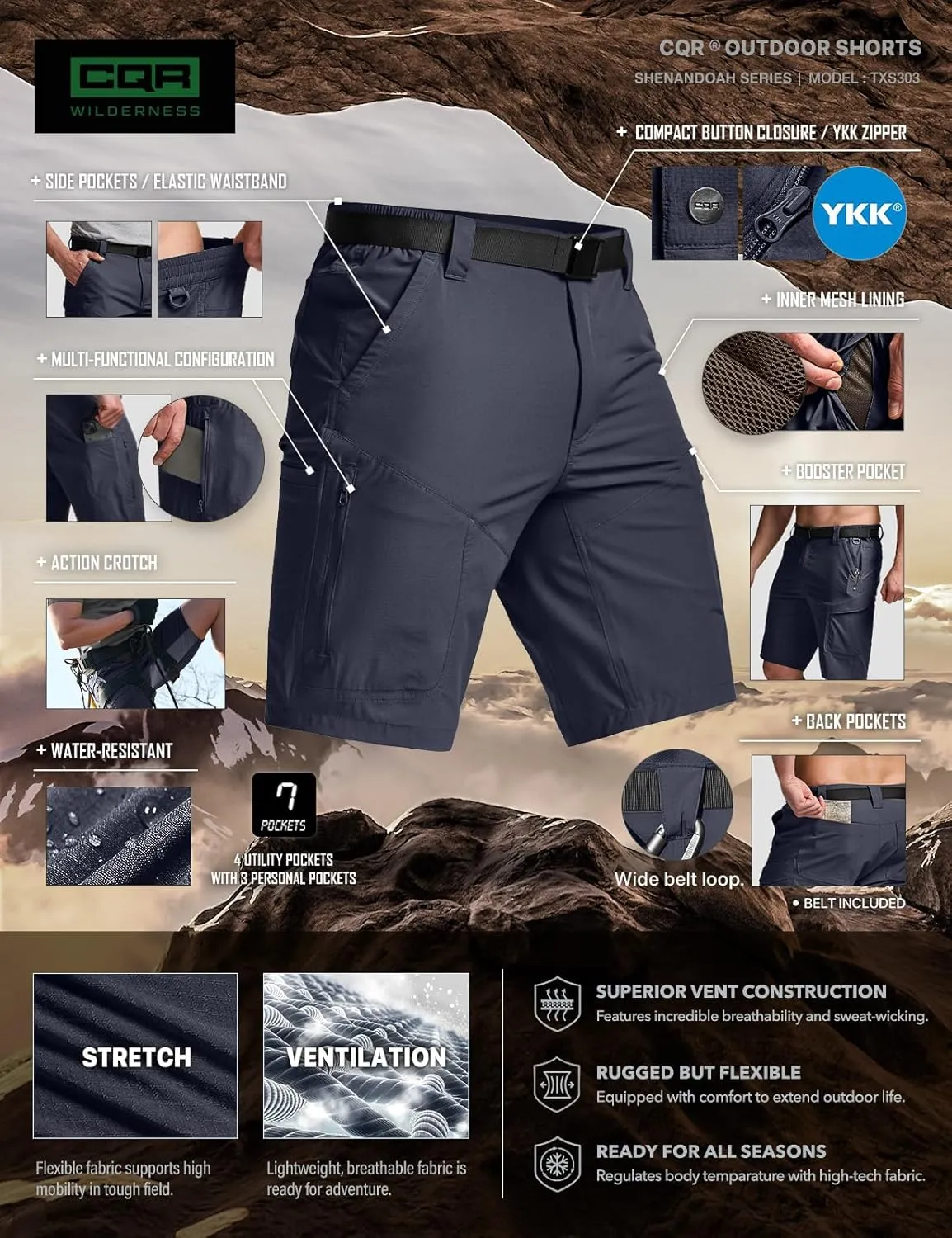 CQR Men's Hiking Cargo Shorts, Quick Dry Stretch Tactical Outdoor Shorts, Lightweight Camping Golf Shorts with Multi Pockets