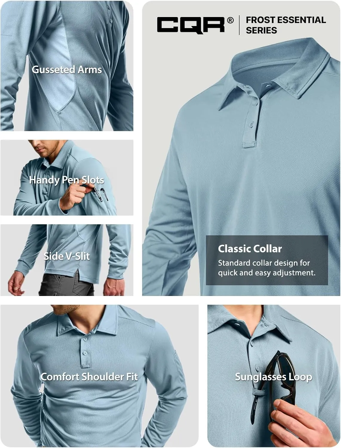 CQR Men's Polo Shirt, Long Sleeve Tactical Shirts, Outdoor UPF 50  Pique Shirt, Dry Fit Lightweight Golf Shirts