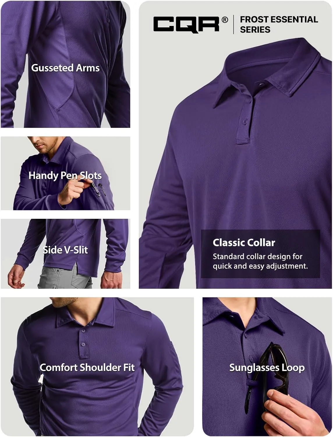 CQR Men's Polo Shirt, Long Sleeve Tactical Shirts, Outdoor UPF 50  Pique Shirt, Dry Fit Lightweight Golf Shirts