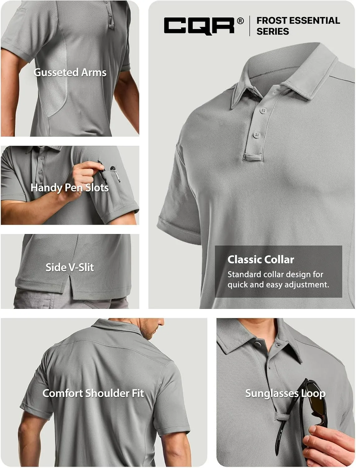 CQR Men's Polo Shirts, Tactical Short Sleeve Golf Performance Shirts, Lightweight Dry Fit UPF 50  Pique