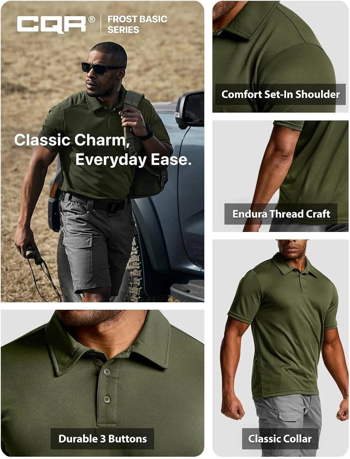 CQR Men's Polo Shirts, Tactical Short Sleeve Golf Performance Shirts, Lightweight Dry Fit UPF 50  Pique