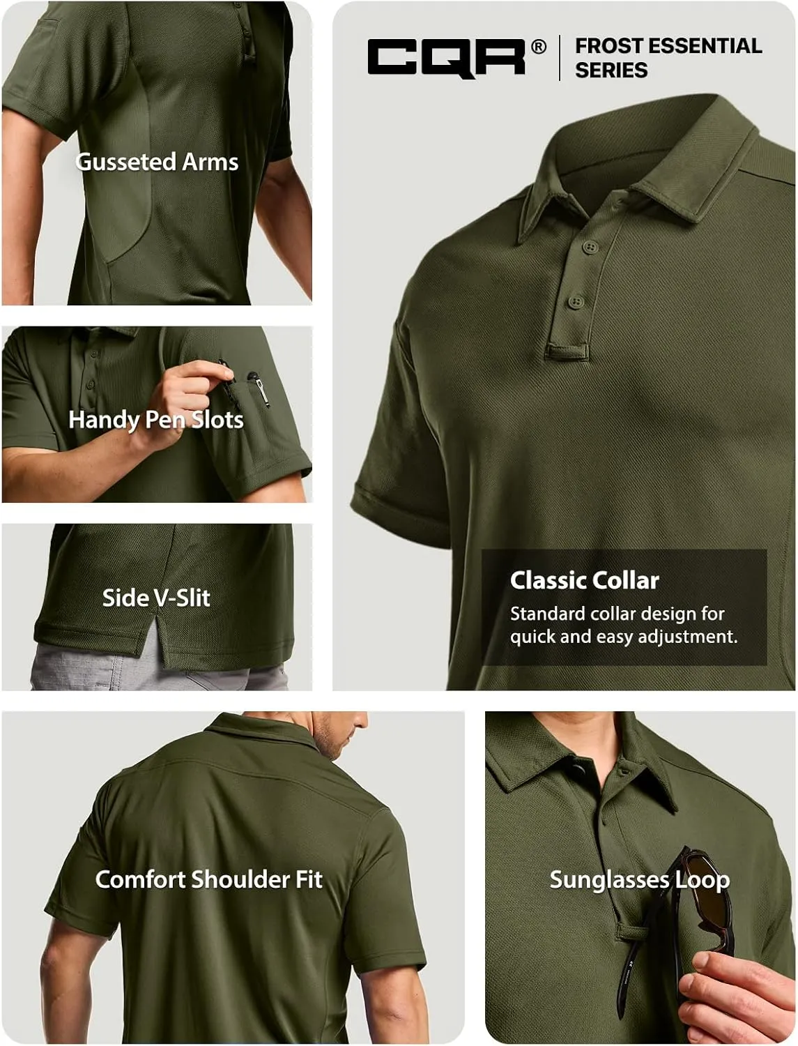 CQR Men's Polo Shirts, Tactical Short Sleeve Golf Performance Shirts, Lightweight Dry Fit UPF 50  Pique
