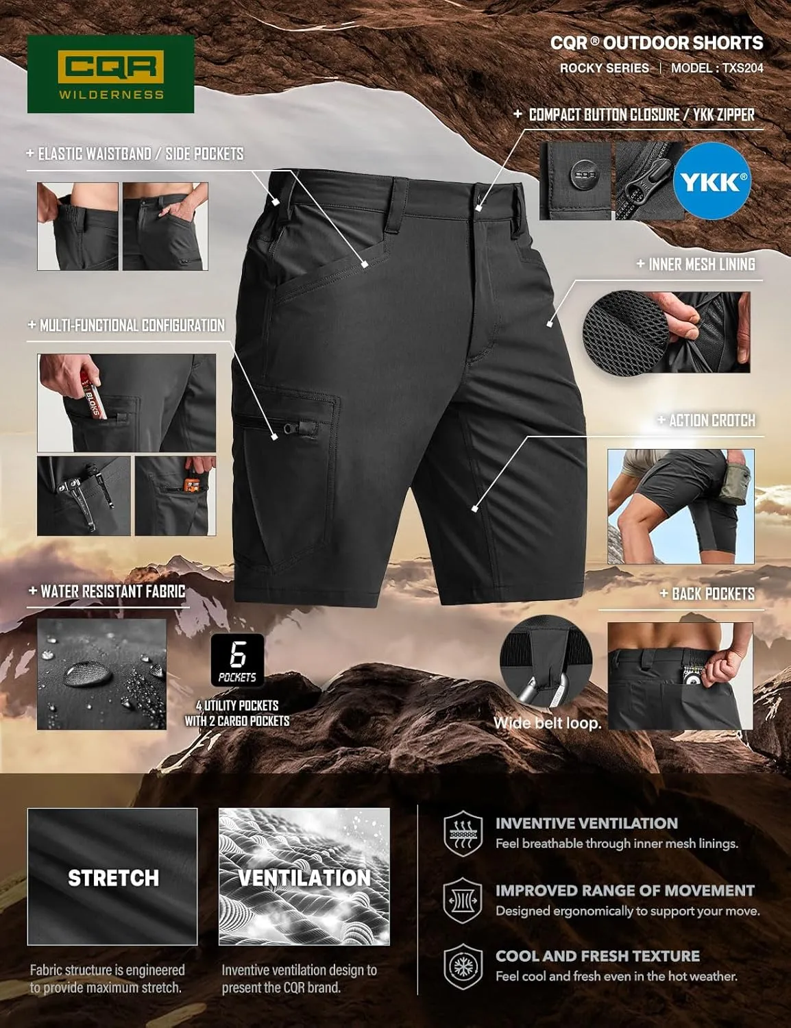 CQR Men's Quick Dry Stretch Hiking Cargo Shorts, Lightweight Water Resistant Tactical Casual, Golf & Outdoor with Pockets