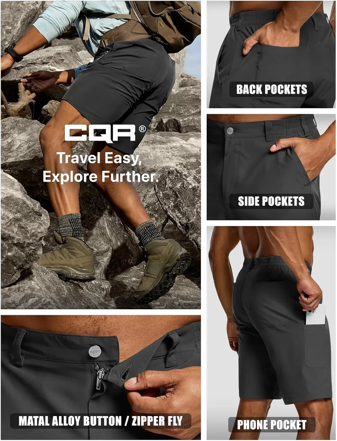 CQR Men’s Quick-Dry Stretch Hiking Cargo Shorts – Lightweight Water-Resistant Tactical Casual, Golf & Outdoor with Pockets