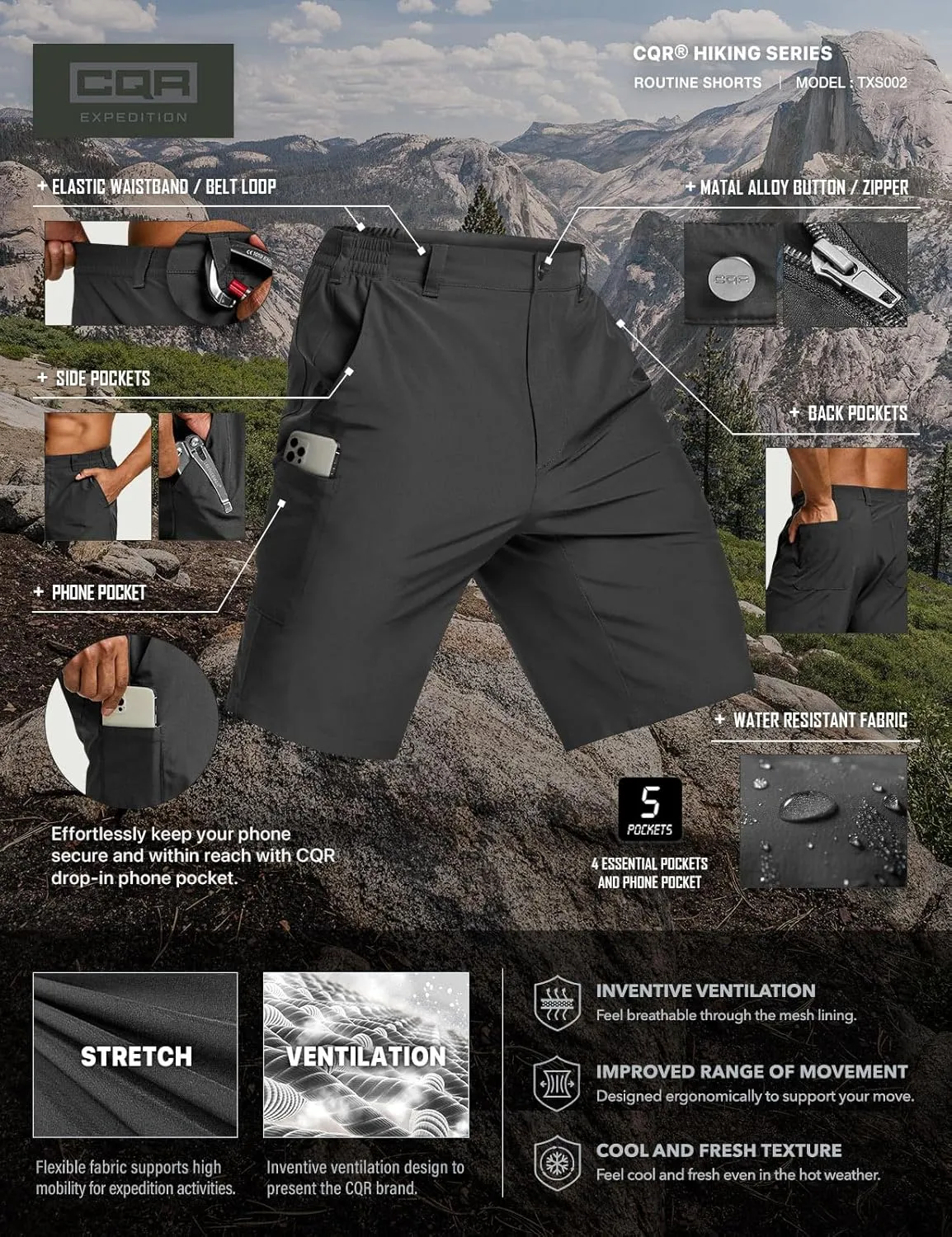 CQR Men’s Quick-Dry Stretch Hiking Cargo Shorts – Lightweight Water-Resistant Tactical Casual, Golf & Outdoor with Pockets