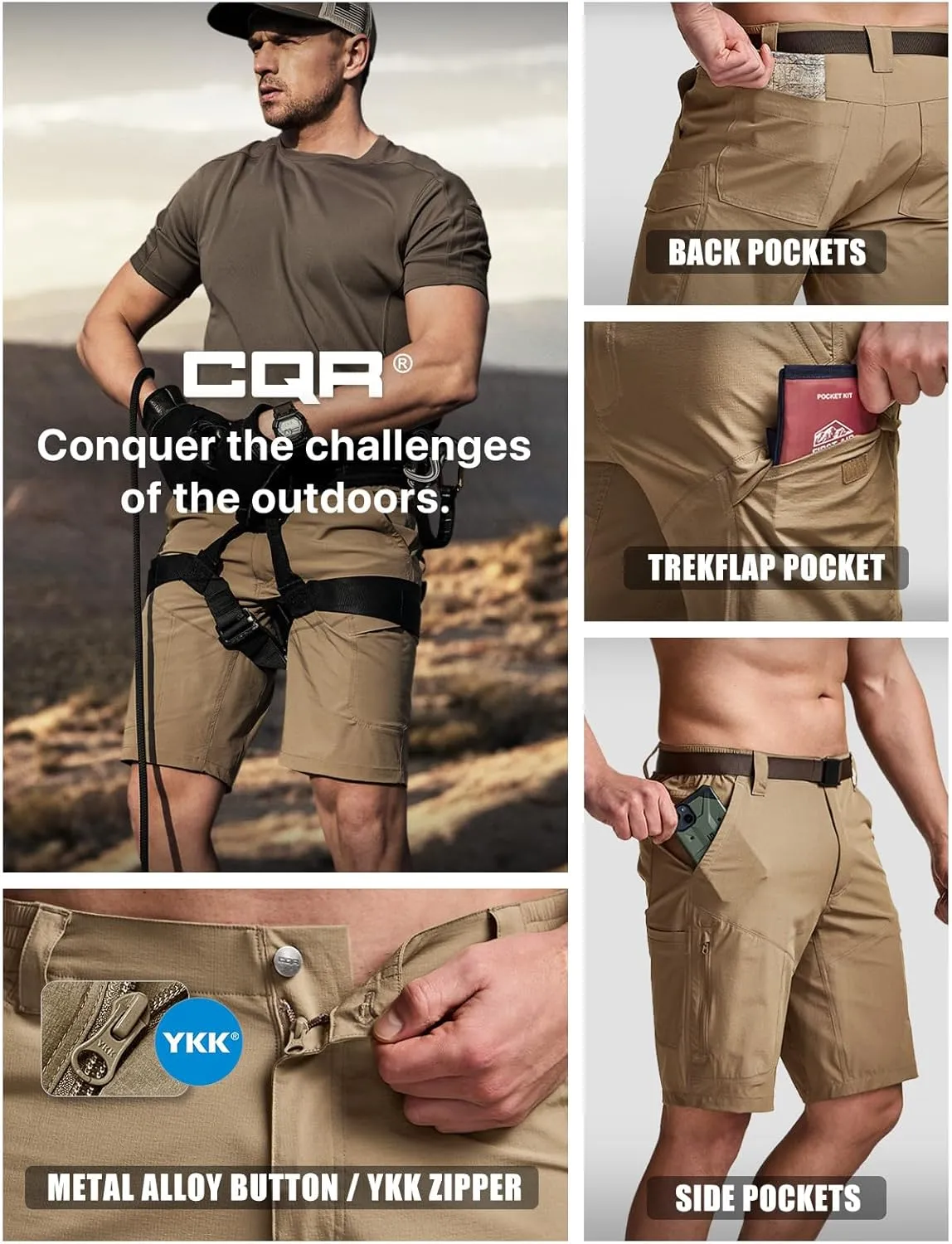 CQR Men's Quick Dry Stretch Hiking Cargo Shorts, Lightweight Water Resistant Tactical Casual, Golf & Outdoor with Pockets