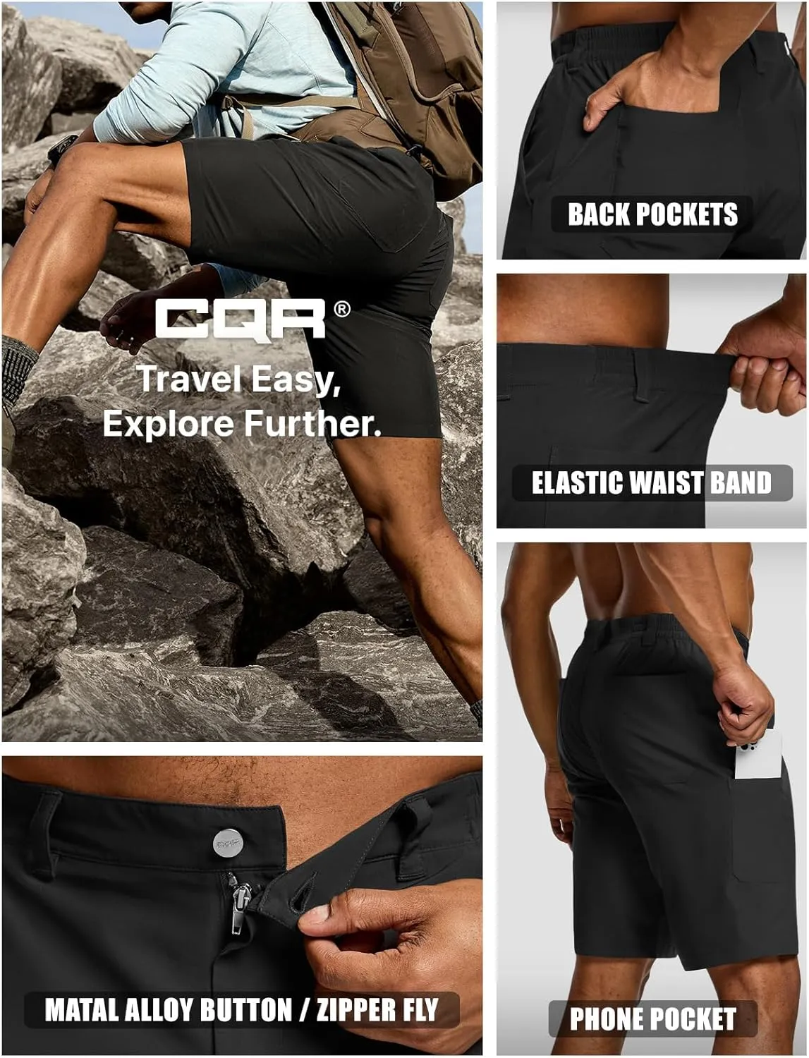 CQR Men’s Quick-Dry Stretch Hiking Cargo Shorts – Lightweight Water-Resistant Tactical Casual, Golf & Outdoor with Pockets