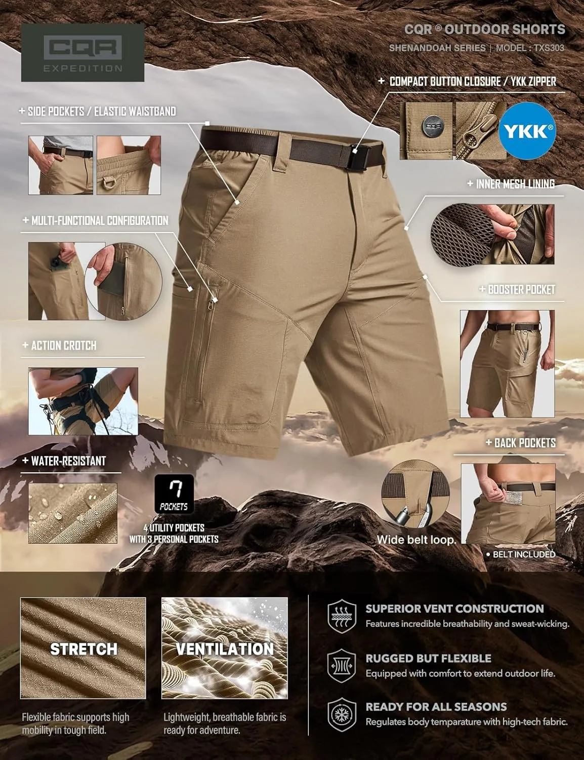 CQR Men's Quick Dry Stretch Hiking Cargo Shorts, Lightweight Water Resistant Tactical Casual, Golf & Outdoor with Pockets