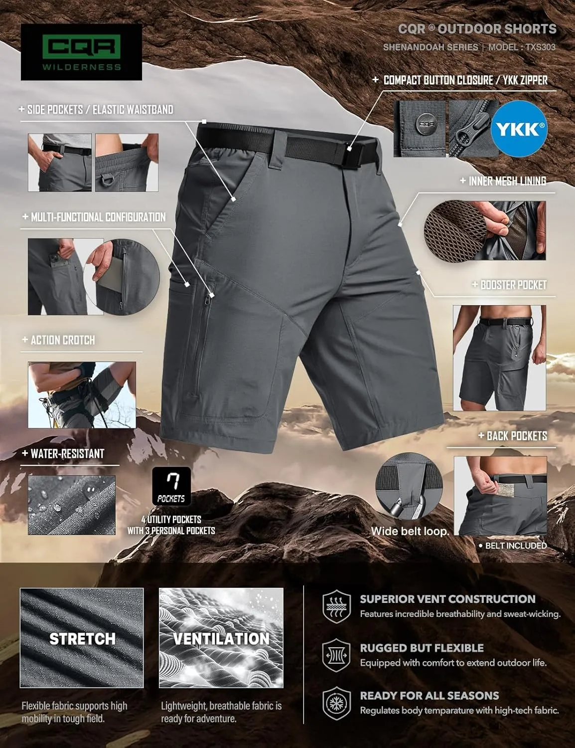 CQR Men's Quick Dry Stretch Hiking Cargo Shorts, Lightweight Water Resistant Tactical Casual, Golf & Outdoor with Pockets