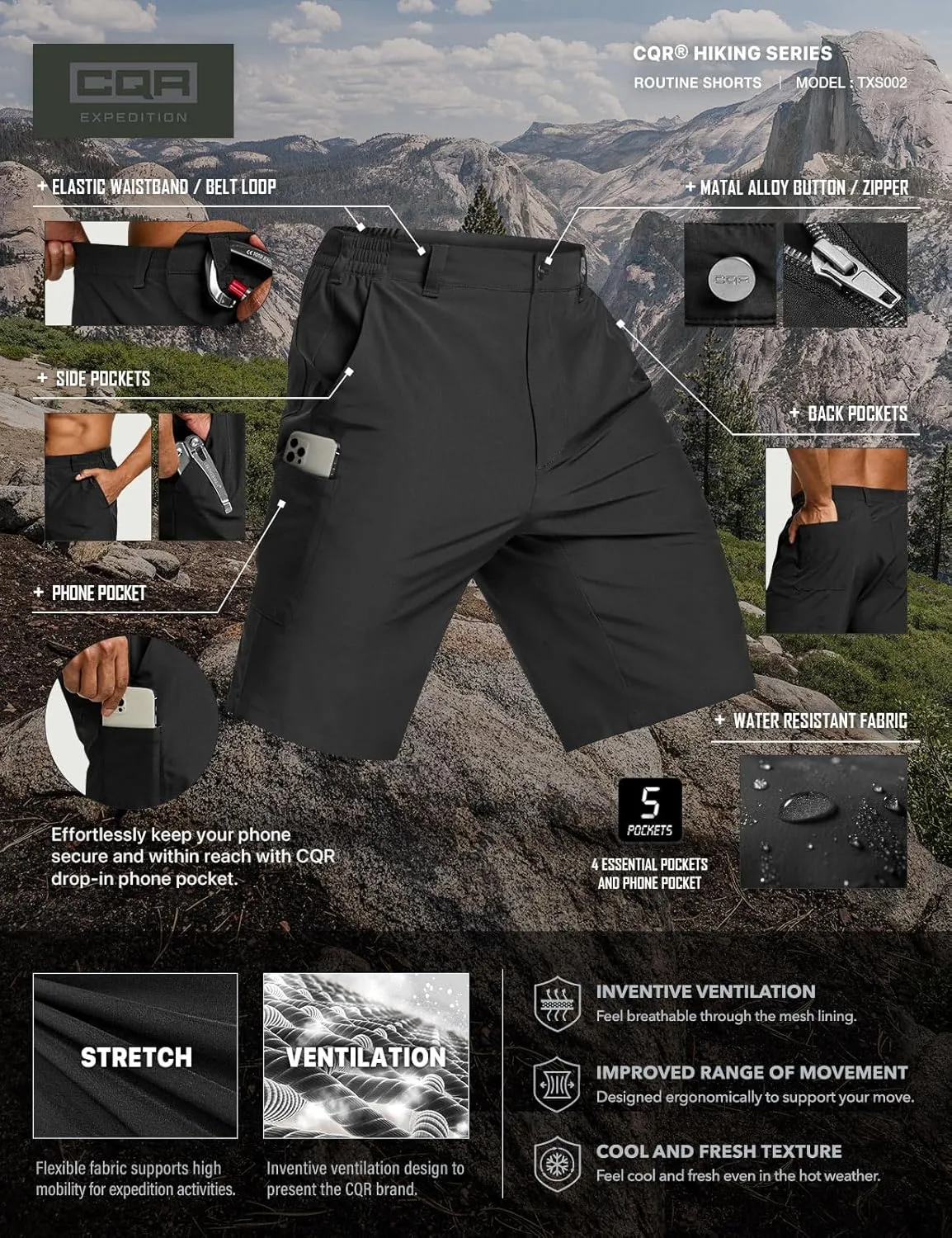 CQR Men’s Quick-Dry Stretch Hiking Cargo Shorts – Lightweight Water-Resistant Tactical Casual, Golf & Outdoor with Pockets