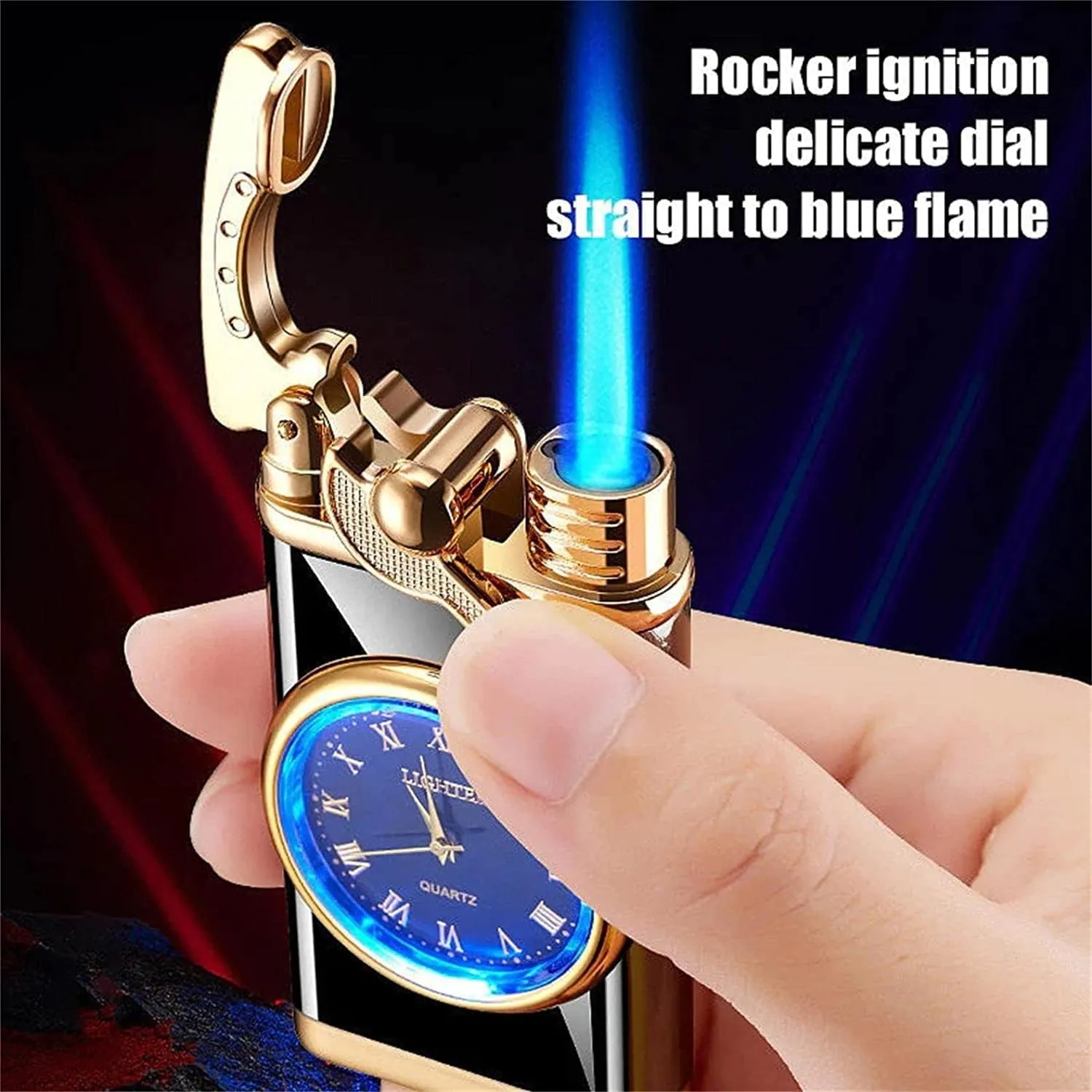 Creative Dial Rocker Arm Inflatable Lighter - 2024 New Lighter with Electric Watch, 2 in 1 Windproof Portable Adjustable Refillable, for Grills, BBQ, Fireplaces, Camping (Red)