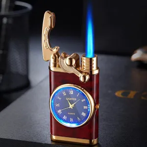 Creative Dial Rocker Arm Inflatable Lighter - 2024 New Lighter with Electric Watch, 2 in 1 Windproof Portable Adjustable Refillable, for Grills, BBQ, Fireplaces, Camping (Red)