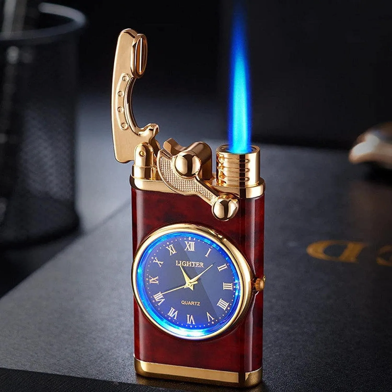 Creative Dial Rocker Arm Inflatable Lighter - 2024 New Lighter with Electric Watch, 2 in 1 Windproof Portable Adjustable Refillable, for Grills, BBQ, Fireplaces, Camping (Red)