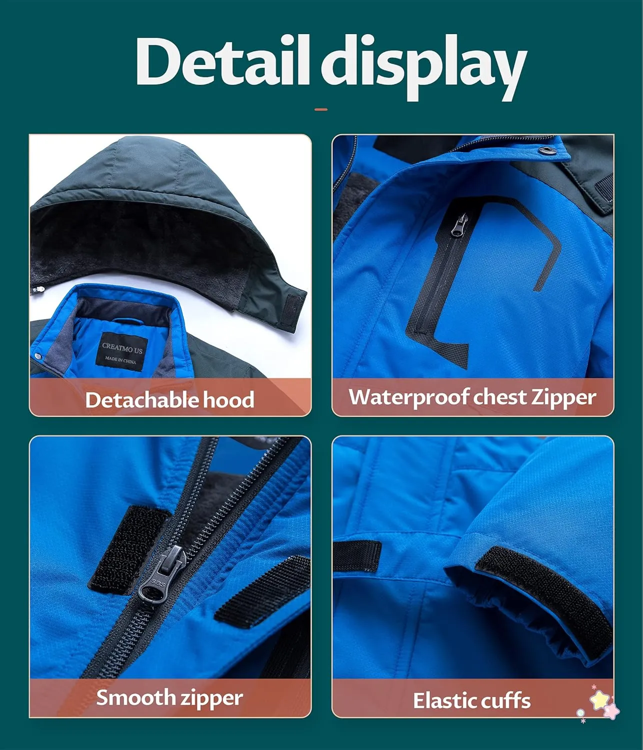 CREATMO US Boy's Waterproof Ski Jacket Warm Winter Snow Coat Windproof Snowboarding Rain Jacket