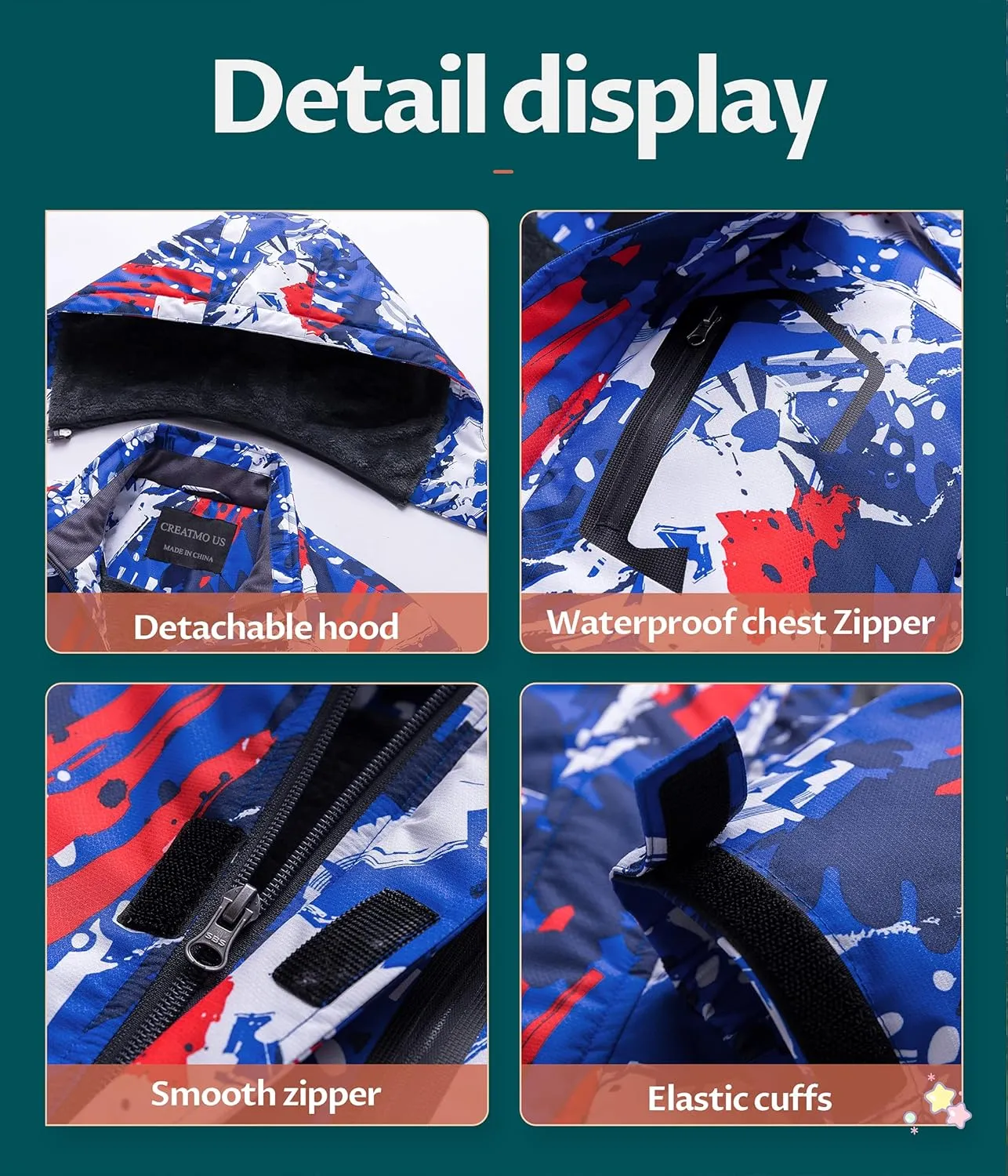 CREATMO US Boy's Waterproof Ski Jacket Warm Winter Snow Coat Windproof Snowboarding Rain Jacket