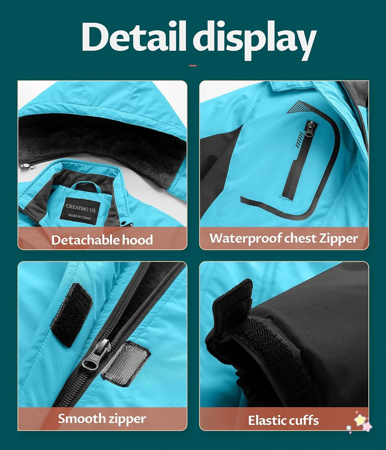 CREATMO US Girl's Waterproof Ski Jacket Warm Winter Snow Coat Windproof Snowboarding Rain Jacket