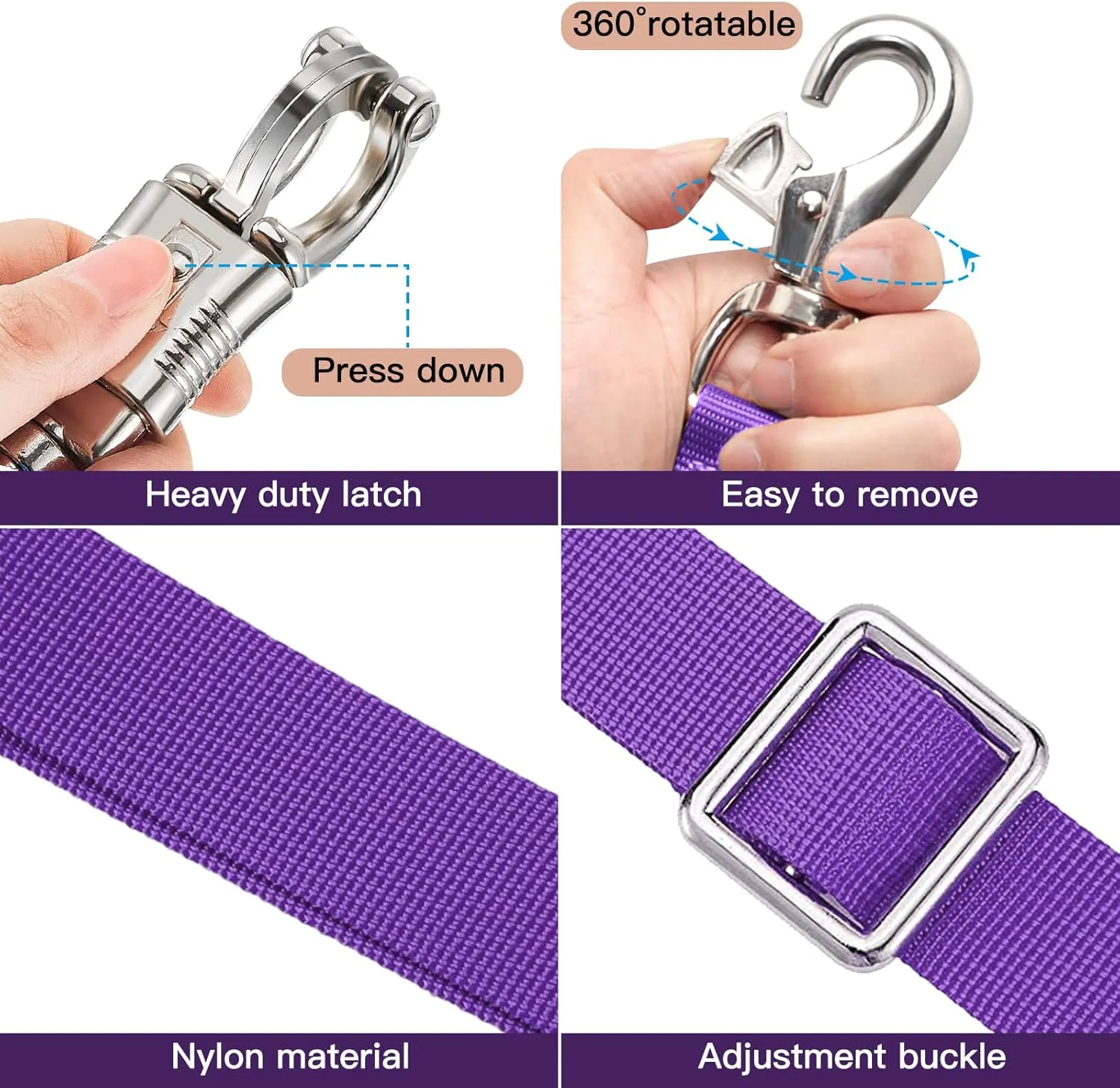 Cross Ties for Trailers, Heavy Duty Nylon with Strong Panic Snap and Bull Snap, Adjustable Length 45.2" to 78.7", Professional Horse Supplies (Purple)