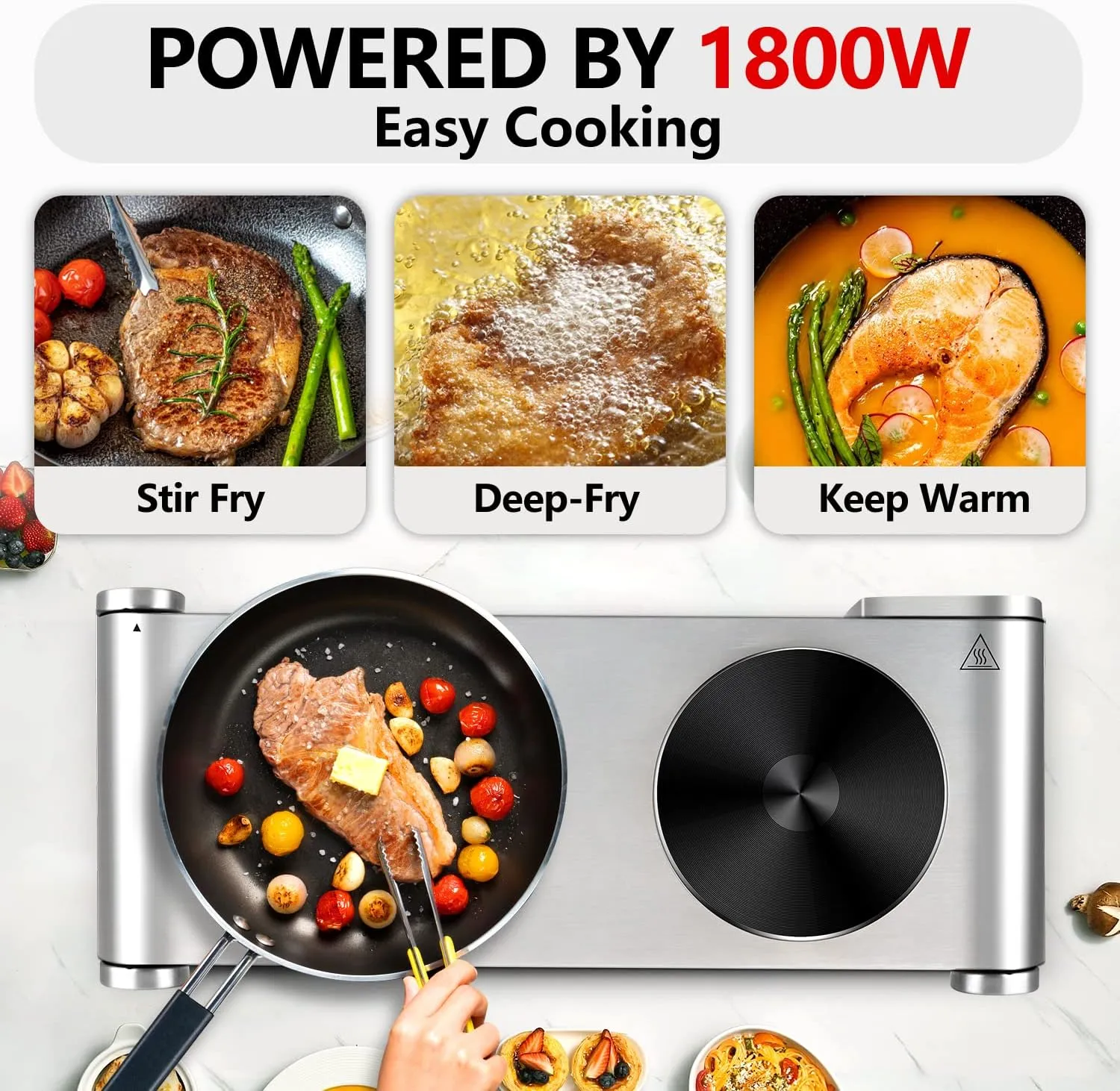 CUSIMAX Double Burner, 1800watts Electric Hot Plates for Cooking, Portable Countertop Burner, Stainless Steel Cooktop with Cast Iron Heating Plates, Used for camping/travel trailers/dorms