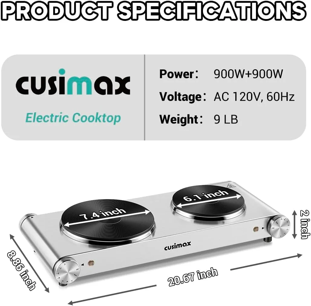 CUSIMAX Double Burner, 1800watts Electric Hot Plates for Cooking, Portable Countertop Burner, Stainless Steel Cooktop with Cast Iron Heating Plates, Used for camping/travel trailers/dorms