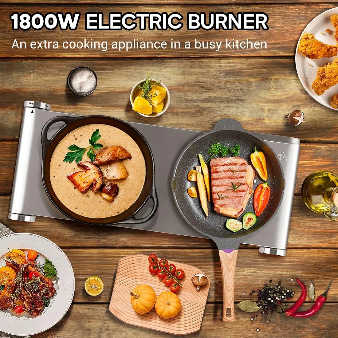 CUSIMAX Double Burner, 1800watts Electric Hot Plates for Cooking, Portable Countertop Burner, Stainless Steel Cooktop with Cast Iron Heating Plates, Used for camping/travel trailers/dorms