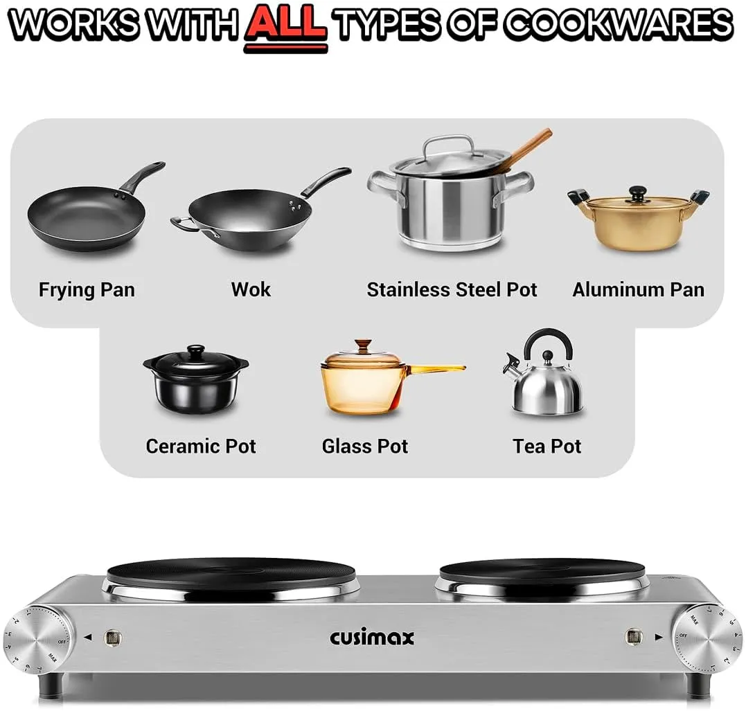CUSIMAX Double Burner, 1800watts Electric Hot Plates for Cooking, Portable Countertop Burner, Stainless Steel Cooktop with Cast Iron Heating Plates, Used for camping/travel trailers/dorms