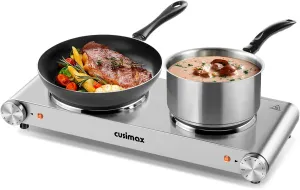 CUSIMAX Double Burner, 1800watts Electric Hot Plates for Cooking, Portable Countertop Burner, Stainless Steel Cooktop with Cast Iron Heating Plates, Used for camping/travel trailers/dorms