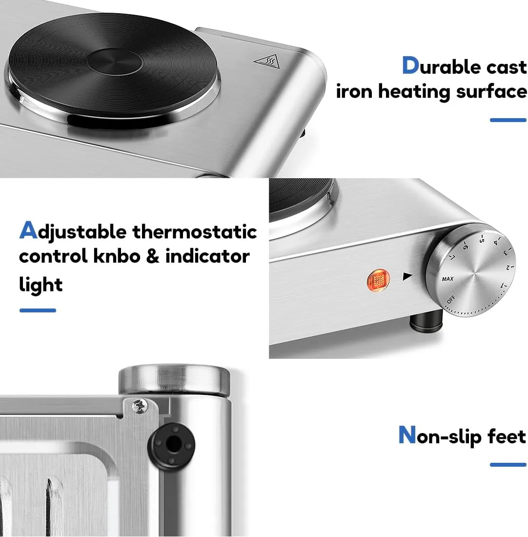 CUSIMAX Double Burner, 1800watts Electric Hot Plates for Cooking, Portable Countertop Burner, Stainless Steel Cooktop with Cast Iron Heating Plates, Used for camping/travel trailers/dorms